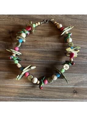 Parrot Handcrafted Wooden Necklace Whimsical Tropical Wood Beads Painted Signed